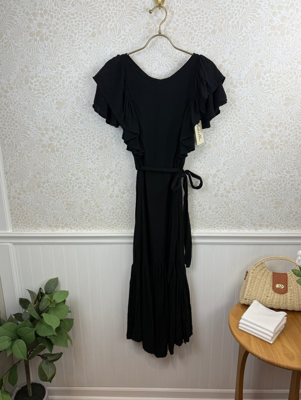 Cleobella MacKenzie Black Ruffle Sleeve Belted Maxi Dress - Size - XS - NWT